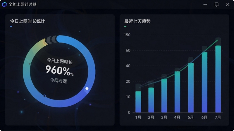 全能上网计时器软件主界面预览图,展示今日上网时长统计环形图与最近七天趋势柱状图,深色背景,界面简洁现代,数据可视化清晰,整体风格专业且富有科技感