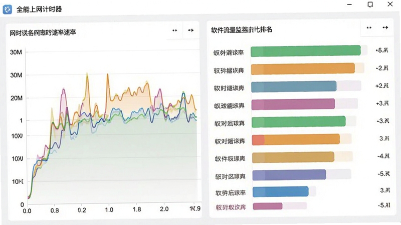 全能上网计时器实时监控面板截图,左侧显示网络速率曲线,右侧列出各软件流量占比排行,配有不同颜色的数据条,背景为浅灰色,整体观感清爽明了