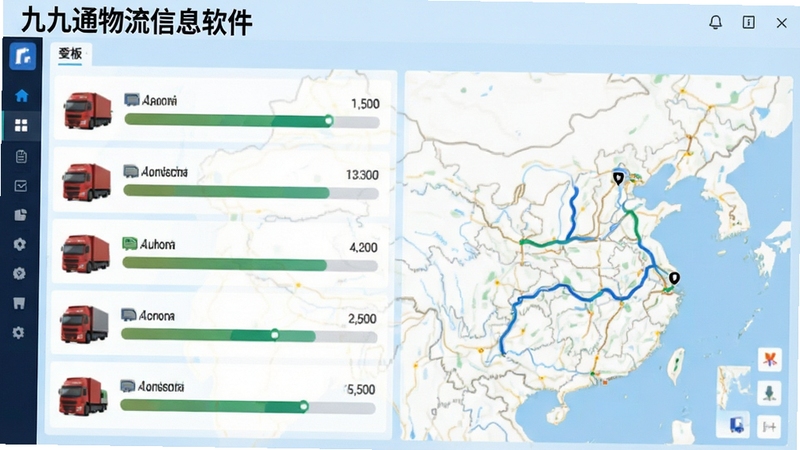 九九通物流信息软件调度看板界面,展示多辆卡车任务进度条,地图上显示优化路线,背景浅蓝色,画面清晰,包含软件名称“九九通物流信息软件”