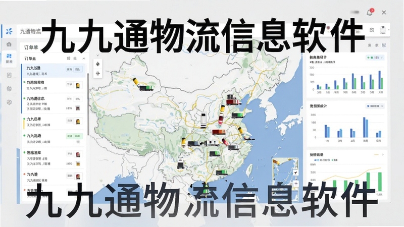九九通物流信息软件主界面预览图,展示物流运输车辆分布地图,左侧为订单列表,右侧为数据统计面板,整体风格现代简洁,背景为浅灰色,画面主体突出软件名称“九九通物流信息软件”,光线明亮,细节清晰