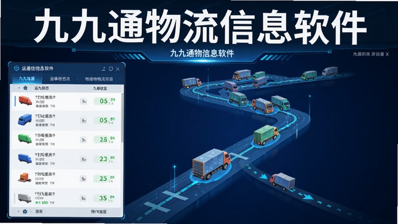 九九通物流信息软件运单追踪功能预览图,屏幕上显示多辆货车图标沿路线移动,列表展示运单状态,界面蓝色科技感,突出“九九通物流信息软件”字样