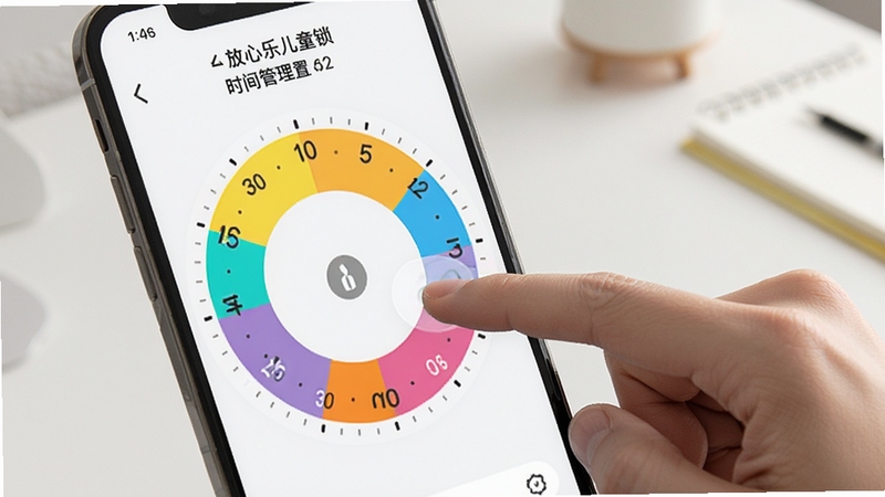 展示放心乐儿童锁的时间管理设置界面,手机屏幕上显示圆形时间表盘,不同时段用不同颜色标记,旁边有家长手指正在滑动设置,背景为简洁的书桌,画面清晰,突出功能操作细节。