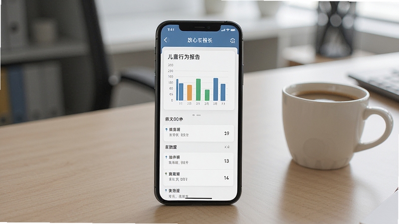 一张家长手机端查看放心乐儿童锁行为报告的截图,屏幕显示柱状图与列表数据,背景是办公室环境,手机放在桌面上,旁边有一杯咖啡,画面简洁,重点突出报告数据内容。
