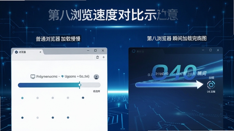 第八浏览器速度对比示意图,画面左侧显示普通浏览器加载缓慢的进度条,右侧显示第八浏览器瞬间加载完成的流畅画面,背景为科技感蓝色调,突出极速性能