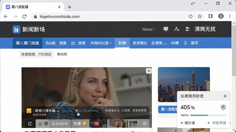 第八浏览器广告过滤功能界面,浏览器中打开新闻网站,页面干净无广告,角落显示过滤统计面板,背景为浅灰色,强调清爽无扰的浏览环境
