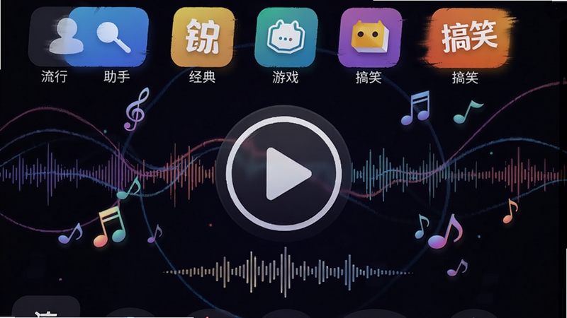 铃声助手海量铃声库分类界面,显示流行、经典、游戏、搞笑等多个彩色图标分类,背景为深色音乐律动波纹,中央展示一个巨大的播放按钮与波形图,四周悬浮着音符元素,画面富有节奏感与活力
