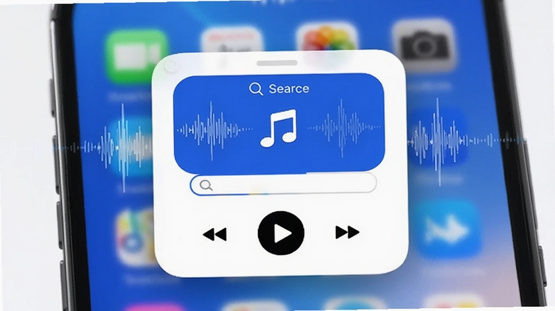 铃声助手桌面小组件与听音识曲功能展示,手机桌面悬浮着播放控制小插件,背景为声波识别动画,带有音符与搜索框元素,整体色调为科技蓝与白色相间,风格现代简约