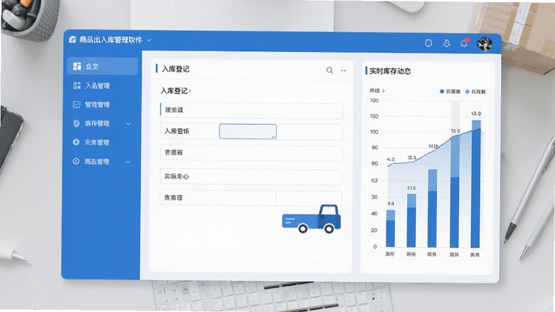 商品出入库管理软件主界面预览图,画面中央显示一个简洁的入库登记表单,左侧为功能导航栏,右侧为实时库存动态图表,整体采用蓝白配色,现代感扁平化设计风格,背景为浅灰色工作台桌面