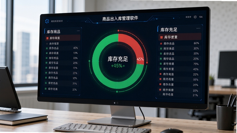商品出入库管理软件的库存预警仪表盘界面,屏幕上展示一个环形进度图,红色区域表示库存低于安全线的商品列表,绿色区域表示库存充足,整体界面科技感强,数据可视化效果突出,背景为商务办公桌面