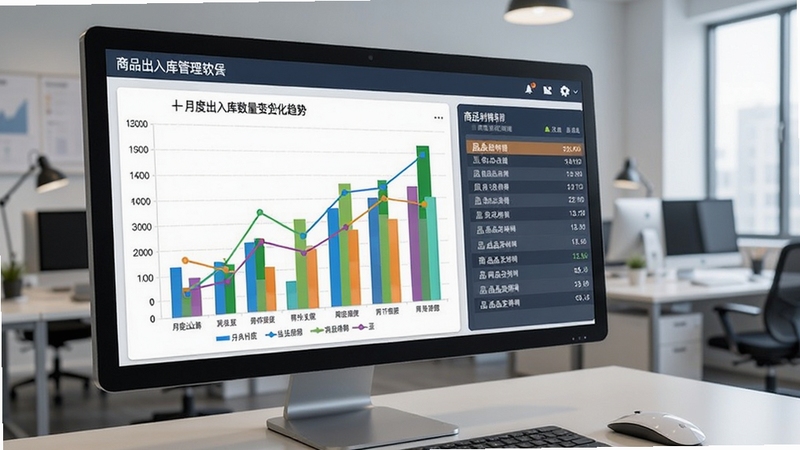 商品出入库管理软件的报表统计图表页面,屏幕上显示彩色柱状图和折线图,展示月度出入库数量变化趋势,右侧有商品利润排行榜,背景为办公室环境,强调数据分析和商业智能