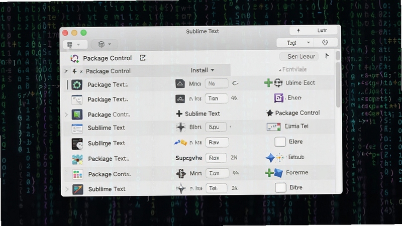 创作一幅Sublime Text插件管理界面概念图,画面主体为Package Control安装面板,列表中展示多种插件名称和图标,背景为抽象的代码雨元素,风格现代,突出软件名称Sublime Text的生态扩展性