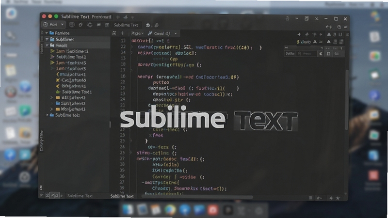 生成一张Sublime Text软件界面预览图,画面主体为深色主题下的代码编辑窗口,左侧显示文件树目录,右侧为彩色语法高亮的代码区域,背景为模糊的桌面环境,整体风格简洁专业,突出软件名称Sublime Text标识