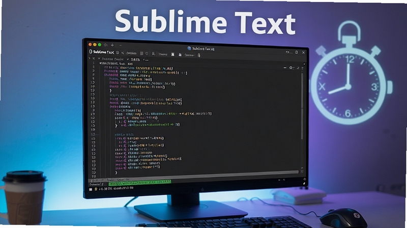 展示Sublime Text快速打开大型文件的场景,画面中心为软件界面,打开了一个体积庞大的代码文件,状态栏显示文件大小,背景有计时器元素暗示快速加载,整体色调明亮,强调软件名称Sublime Text的高效性能