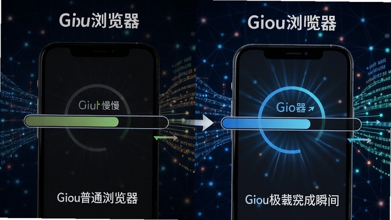 Giou浏览器快速加载网页的对比示意图,左侧为普通浏览器加载缓慢的进度条,右侧为Giou浏览器几乎瞬间完成的加载速度,背景为网络数据传输的可视化光效,色彩鲜明,突出其极速性能