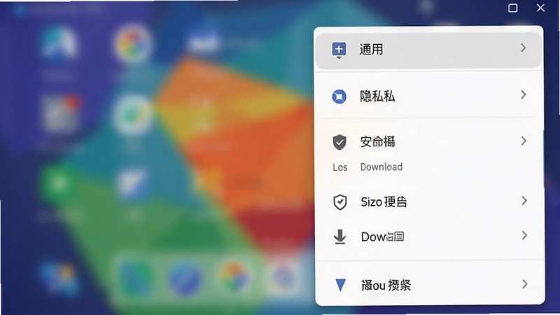 Giou浏览器设置菜单展开预览,展示包括通用、隐私、安全、下载等选项列表,背景为模糊的彩色几何图形,整体风格简洁清晰,便于用户理解操作逻辑