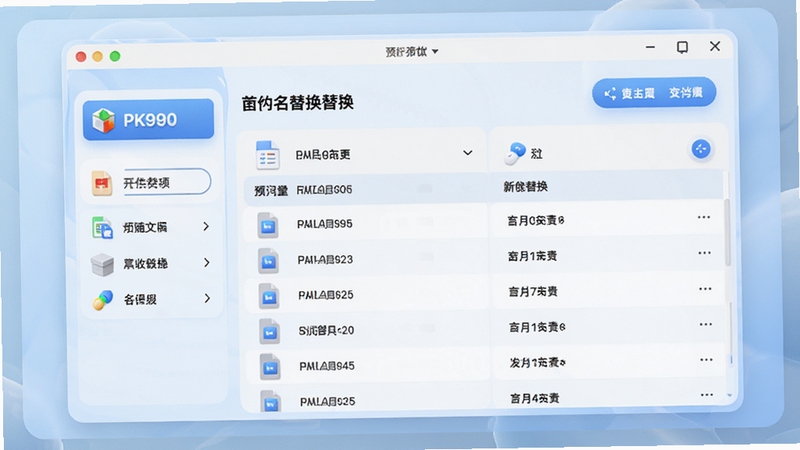 PK990文件名批量替换主界面预览图,展示清晰的功能分区与文件列表,现代简约的软件界面设计,背景为柔和的浅蓝色渐变,图标立体感强,整体画面明亮通透,突出软件的专业与易用性。