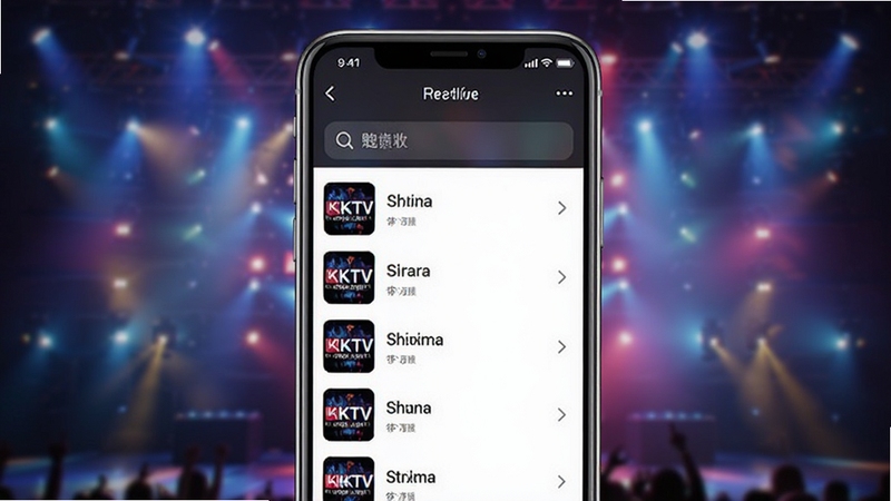 魅KTV歌曲列表界面,背景为动态模糊的舞台灯光,前景为手机屏幕展示歌曲搜索与列表,画面中心突出,风格现代,适合作为功能预览图