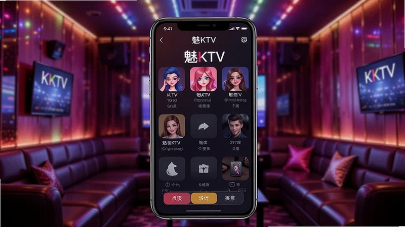魅KTV主界面展示,背景为时尚炫彩的KTV包厢灯光,前景为手机屏幕显示魅KTV点歌界面,画面主体居中,细节丰富,色彩明亮,适合作为软件预览图