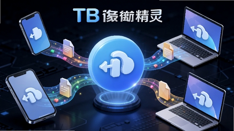 一幅现代感十足的3D渲染场景,中央悬浮着一个发光的蓝色圆形传输图标,周围环绕着智能手机、平板电脑和笔记本电脑,它们之间用流畅的彩色光带连接,光带上流动着文件图标。背景为深色科技感渐变,突出TB传输精灵的品牌名,整体风格炫酷且极具科技氛围,画面清晰明亮,细节丰富。