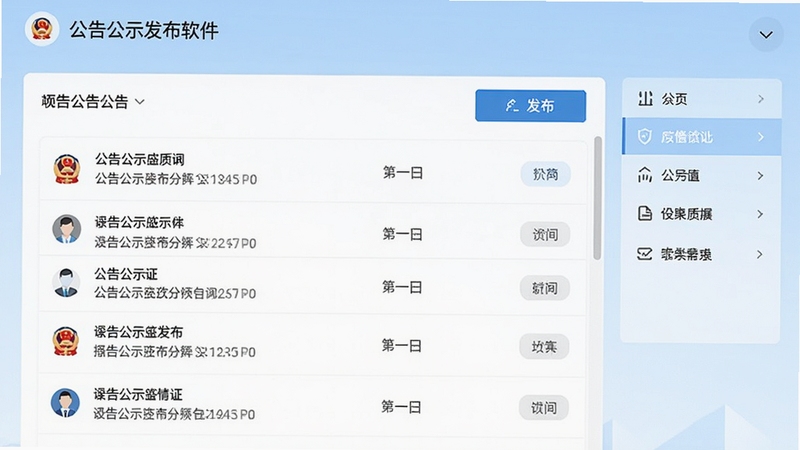 公告公示发布软件主界面截图,展示公告列表、发布按钮和分类导航,背景为浅蓝色渐变,界面简洁现代,图标清晰,符合政务软件风格