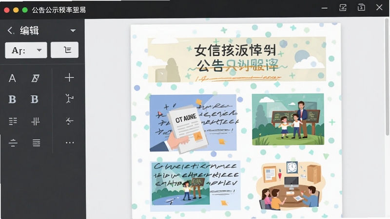 公告公示发布软件智能排版界面,左侧为编辑工具栏,右侧为预览区域,显示一篇图文并茂的公告,色彩搭配协调,UI设计扁平化,带有字体选择、加粗、对齐等图标