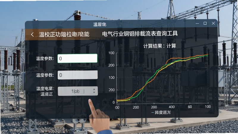 电气行业铜铝排载流表查询工具温度校正功能界面,显示温度参数输入框与计算结果曲线,背景为户外变电站,画面突出温度校正计算模块,风格专业直观
