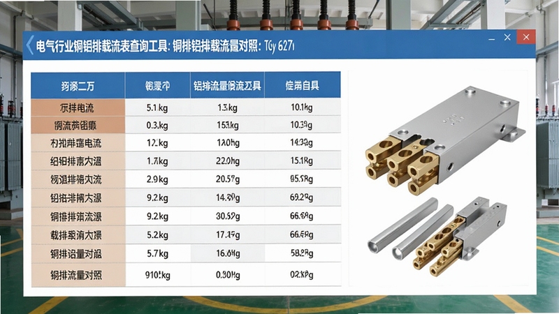 电气行业铜铝排载流表查询工具中铜排铝排载流量对照界面,展示不同规格母排的电流数据,界面清晰,数据表格与实物示意图结合,背景为变电所场景