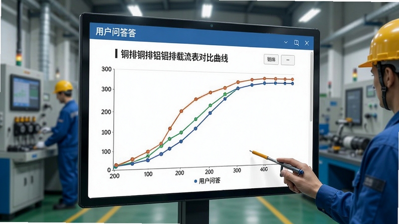电气行业铜铝排载流表查询工具中用户问答界面,显示铜排铝排载流量对比曲线,背景为电气车间,画面突出数据对比图表,风格简洁明了