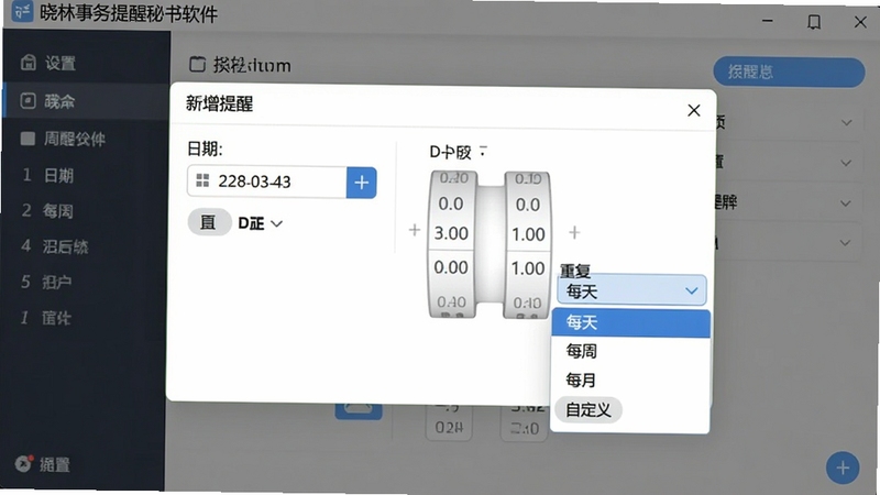 一张展示晓林事务提醒秘书软件功能界面的高清截图,截图中可以看到“新增提醒”的弹窗,里面包含了日期选择器、时间滚轮以及“重复”选项的下拉菜单,菜单中列有“每天、每周、每月、自定义”等条目,界面设计简洁清晰,色彩搭配舒适,重点突出软件在设置周期性提醒方面的便捷性与专业性。