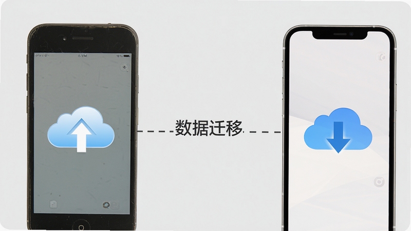 一张简洁的说明图,画面分为左右两部分,左边是一部旧手机,上面有一个云朵向上箭头的图标,右边是一部新手机,有一个云朵向下箭头的图标,中间用一条带有“数据迁移”字样的虚线连接,背景为浅灰色,整体风格直观明了,帮助用户理解晓林事务提醒秘书的云同步迁移过程。