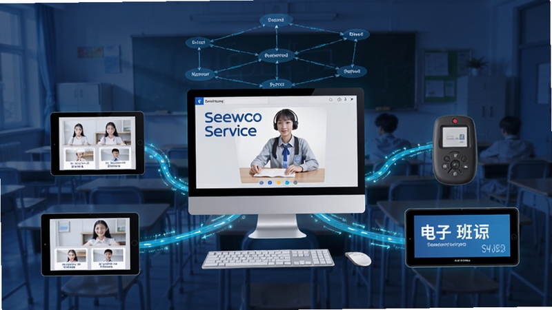 SeewoService多设备互联示意图,画面中央为教师电脑,周围环绕平板电脑、学生答题器与电子班牌,设备间以发光线条连接,背景为教室网络拓扑图,整体风格科技感十足,突出无缝连接主题。