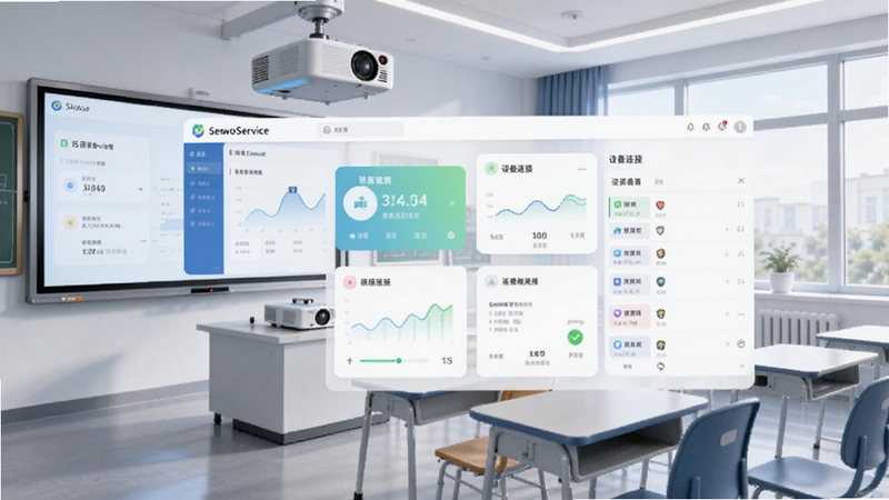 SeewoService软件主界面预览图,展示其简洁的后台服务管理面板,背景为现代智慧教室场景,包含电子白板、投影仪与课桌椅,画面主体为软件运行状态卡片与设备连接列表,整体色调清新明亮,突出教育科技感。