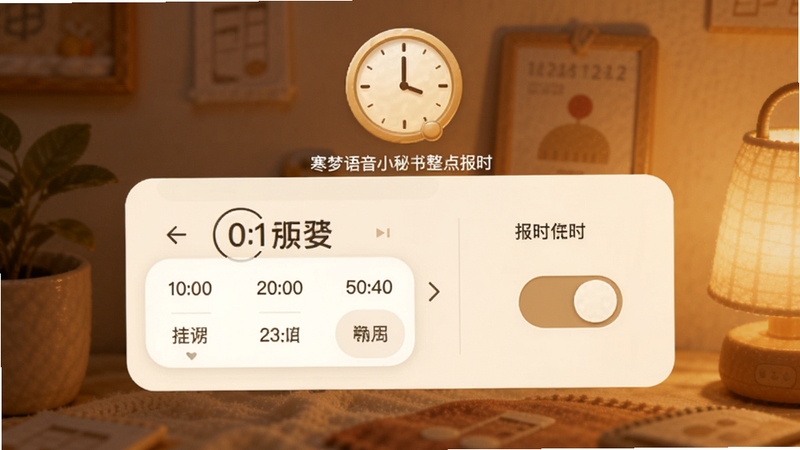 寒梦语音小秘书整点报时设置界面预览,展示时间选择器和报时开关,背景为暖色调,界面带有时钟图标,风格温馨实用