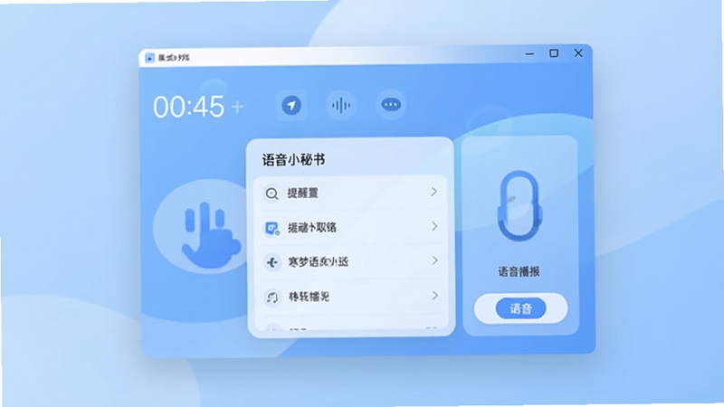 寒梦语音小秘书主界面预览图,展示简洁的软件主窗口,包含时间显示、提醒列表和语音播报控制按钮,背景为柔和的渐变蓝色,整体风格现代简约,界面元素清晰标注,适用于软件介绍场景