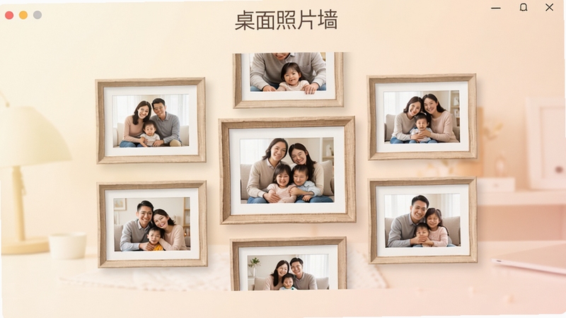 桌面照片墙软件主界面预览图,屏幕中央展示多张家庭照片以优雅相框拼贴排列,背景为浅色渐变桌面,整体风格温馨明亮,软件名称“桌面照片墙”以简洁标题显示在界面顶部,画面清晰,色彩柔和,适应Boogu模型生成