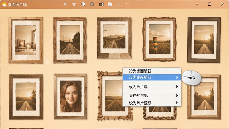 桌面照片墙设置壁纸操作截图,鼠标右键点击照片弹出菜单,包含“设为桌面壁纸”选项,背景为软件主界面,布局清晰,展示多种相框样式,整体色调温馨,软件名称“桌面照片墙”出现在工具栏,画面直观,便于用户理解