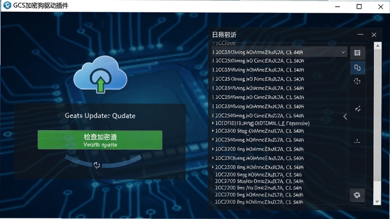 GCS加密狗驱动插件的驱动更新界面,显示检查更新中状态,界面配有云同步图标与日志列表,背景为深蓝色科技风格,整体视觉效果专业且富有科技感