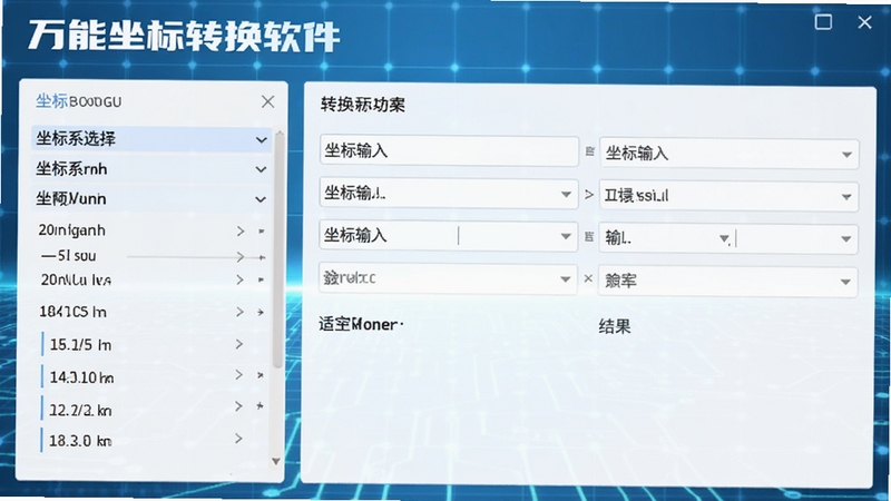 万能坐标转换软件主界面预览图,左侧为坐标系选择面板,右侧为坐标输入与转换结果区域,背景为淡蓝色科技感网格,整体风格简洁专业,突出软件名称与核心转换功能,适配Boogu模型生成。