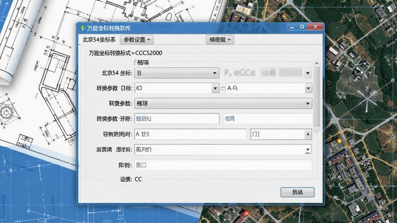 万能坐标转换软件功能展示图,展示从北京54坐标系转换至CGCS2000坐标系的参数设置界面,包含椭球选择、转换参数输入框,背景为工程图纸与卫星影像叠加效果,画面清晰、色彩明亮,突出软件专业性与易用性。