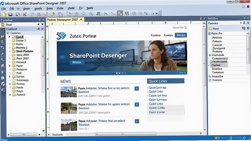 Microsoft Office SharePoint Designer 2007 �����������ͼ�����Ϊ��������ļ����б�������Ϊ���ӻ��༭������ʾһ�����ڱ༭����ҵ�Ż���ҳ���������ͼƬ�������б��Ϳ�������ģ�飬�Ҳ�Ϊ������壬�������ɾ�������ɫ�ʴ���Э�����������ƺͽ������������ɼ�����ͼ���дʵ