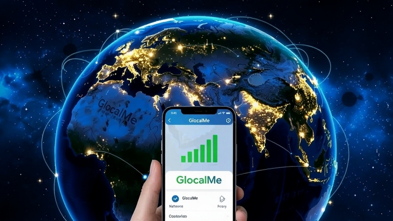 GlocalMe全球流量覆盖功能展示,画面呈现一个巨大的地球仪,上面分布着多个亮起的城市光点,代表网络覆盖区域,前景为一部手机显示GlocalMe应用界面,网络信号满格,背景为深蓝色星空,科技感十足,光线明亮,细节丰富,突出全球连接主题