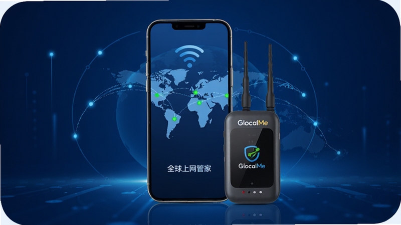 GlocalMe全球上网管家主视觉,画面中央展示一部智能手机与随身WiFi设备,屏幕显示全球地图与网络连接状态,背景为深蓝色科技感渐变,突出高速稳定的网络连接与全球覆盖概念,整体风格现代简约,光线明亮清晰,设备质感细腻,强调品牌名称GlocalMe