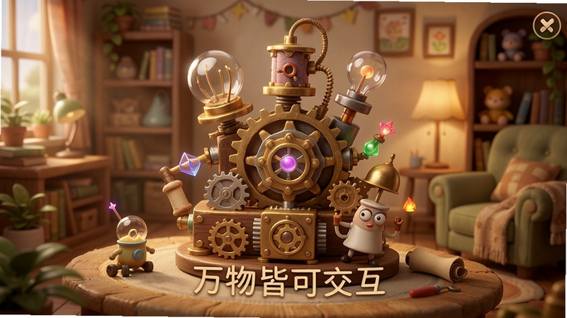 物非游戏主界面预览图,展示一个充满奇思妙想的解谜场景,画面中央是一个由日常物品组成的机关装置,背景是温馨的室内环境,光线柔和,细节丰富,风格唯美,突出游戏“万物皆可交互”的核心特色
