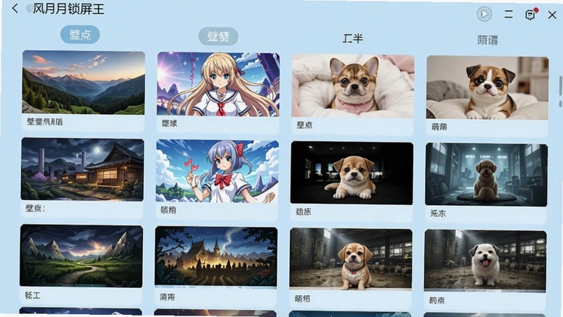 风月锁屏王壁纸库界面截图,展示软件内置的壁纸分类列表和缩略图预览,画面中有风景、动漫、萌宠等多个分类标签,壁纸缩略图整齐排列,界面清新简洁,背景为浅蓝色调,突出壁纸的丰富多样