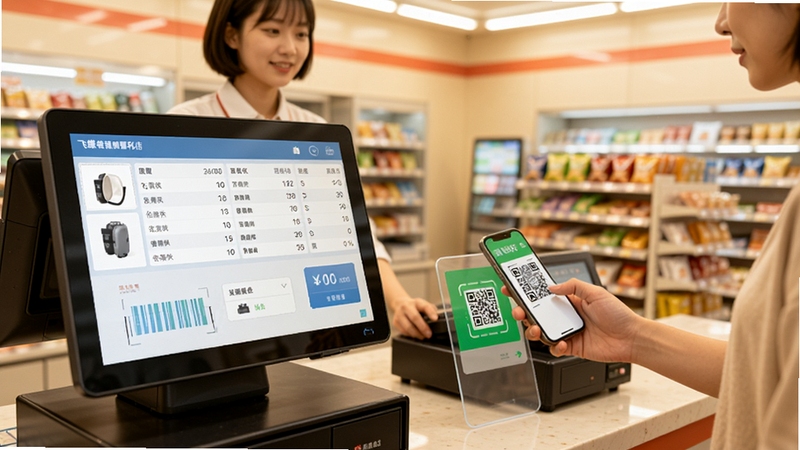 飞蝶连锁便利店管理软件收银界面场景图,画面为便利店收银台,收银员正在使用软件扫码结账,屏幕显示商品明细和支付二维码,顾客使用手机扫码支付,背景为明亮整洁的便利店环境,色调温暖,突出高效便捷