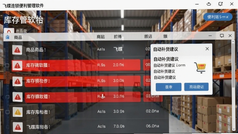 飞蝶连锁便利店管理软件库存预警界面截图,画面显示商品列表,其中几款商品库存条呈现红色预警状态,旁边有自动补货建议弹窗,背景为仓库货架,色调简洁明快,突出数据可视化效果