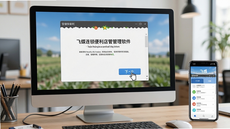 飞蝶连锁便利店管理软件安装步骤示意图,画面为电脑屏幕上的安装向导界面,鼠标点击下一步按钮,背景为办公桌环境,旁边有手机显示软件界面,整体风格写实清晰,突出安装便捷