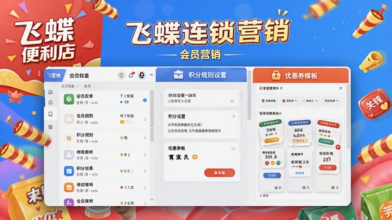 飞蝶连锁便利店管理软件会员营销功能截图,画面展示会员列表、积分规则设置、优惠券模板设计,背景为促销海报元素,色彩鲜艳活泼,突出营销氛围