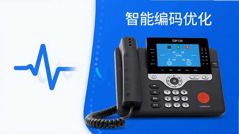展示SIP139网络电话在弱网环境下依然保持高清通话的场景,画面左侧为信号波动的图标,右侧为清晰的通话界面,标注有“智能编码优化”字样,整体色调以蓝色和白色为主,体现技术感与稳定性