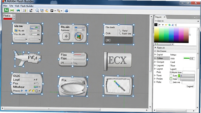 Adobe Flash Builder ���ӻ���ƽ��棬���뻭���ϰڷŶ�� Flex �ؼ����Ҳ����Լ������ʾ��ɫ�벼��ѡ���������������������԰�ť����������������ؼ�������ɫѡ�п��������Ƴ����ڱ������������ˬдʵ